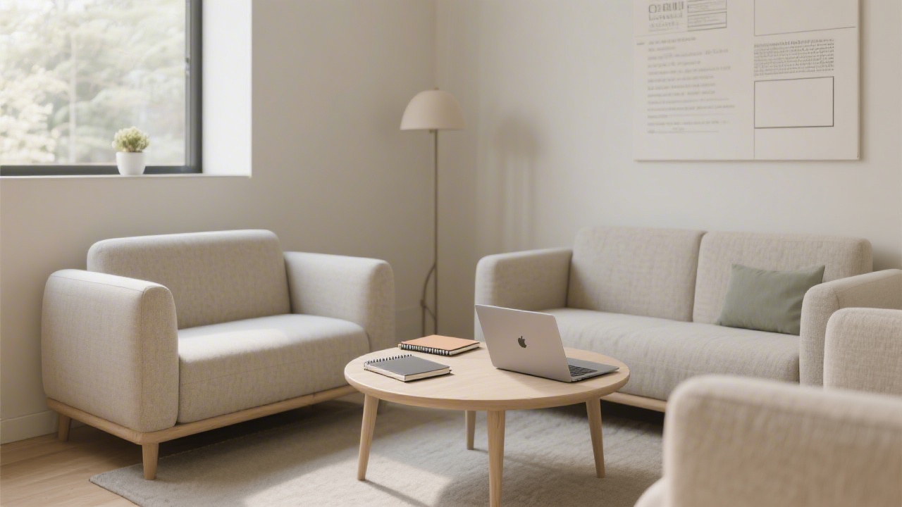 Warm and modern studio corner with a small round table, two chairs, and design books, creating a welcoming environment for one-on-one sessions.