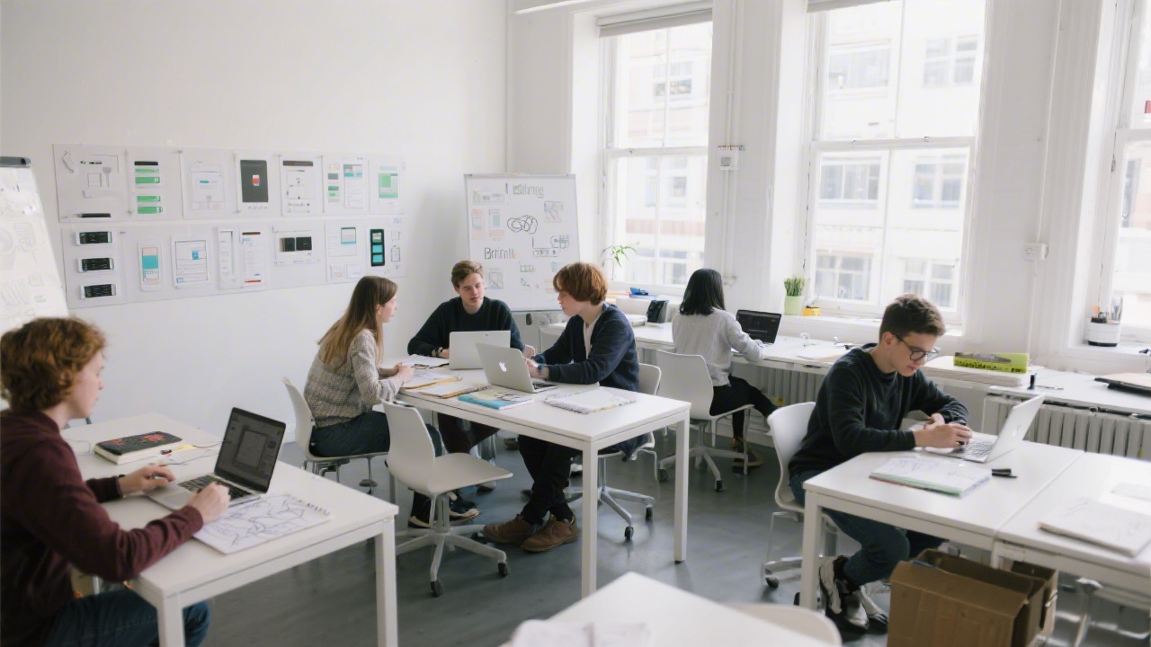 Bright Dublin studio classroom with students collaborating around laptops and sketchbooks, modern white desks, large windows, and a wall display of interface prototypes.