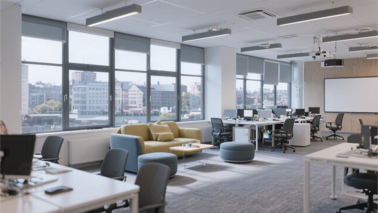 Modern Dublin office interior with large windows, collaborative desks, and neutral tones, showing a calm environment suited for focused design work.