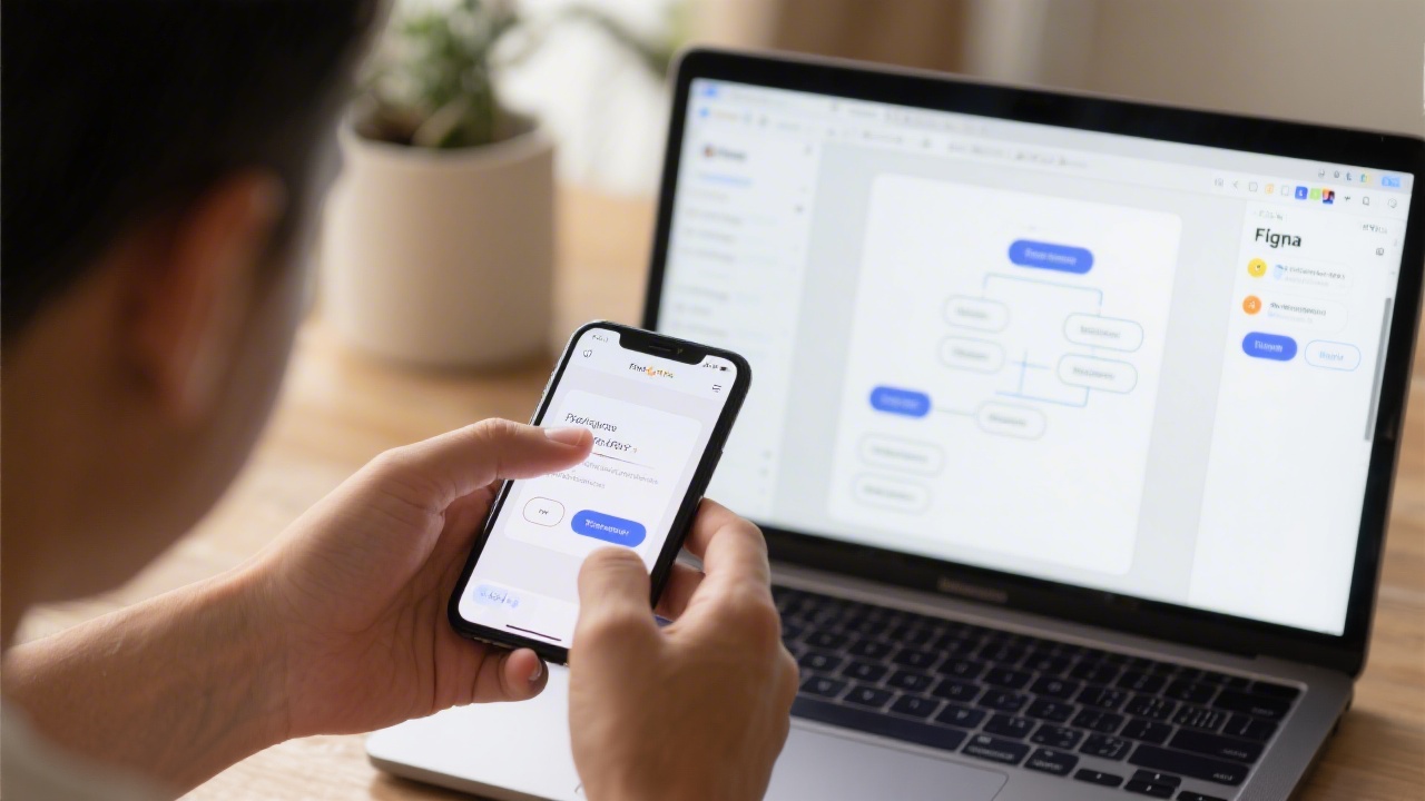 Designer testing a clickable prototype on a smartphone while a laptop shows the same flow in Figma, highlighting interactions and transitions.