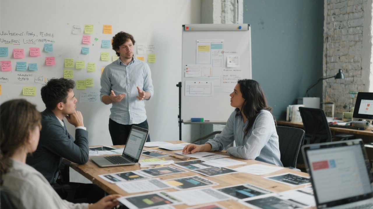 Designers conducting a user research session with notes on the wall, a table filled with printed screens, and thoughtful discussion around usability issues.