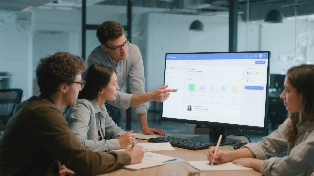 Small startup team reviewing interface mockups on a shared screen, taking notes and discussing layout decisions in a collaborative environment.